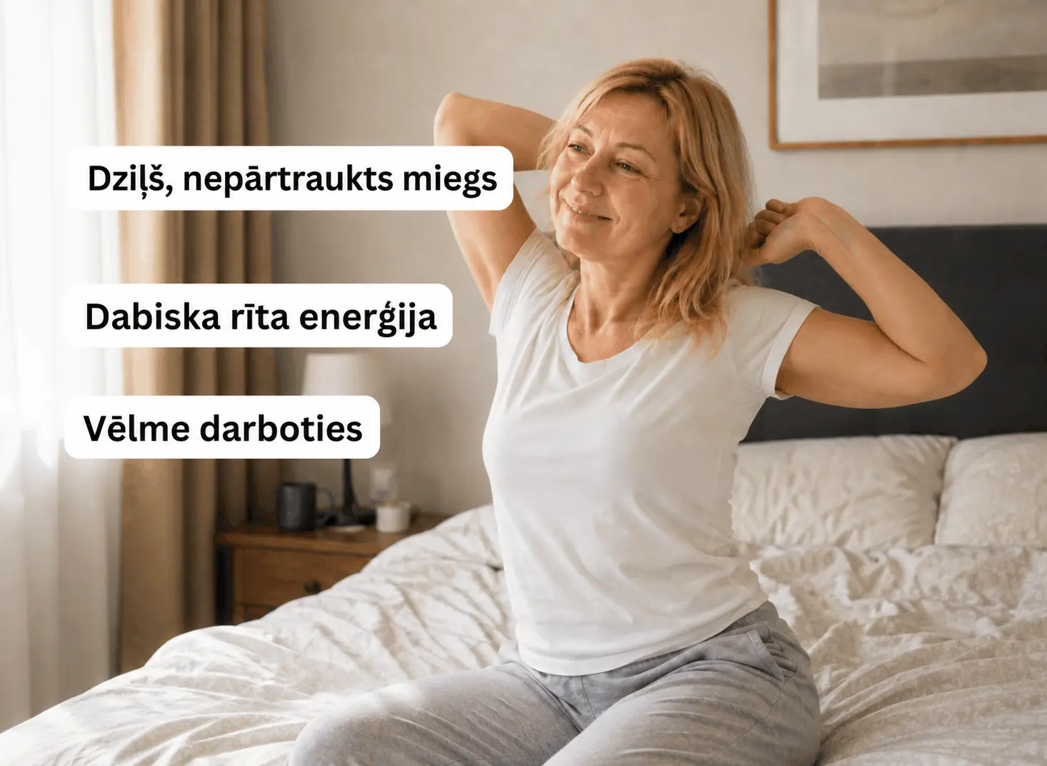 Atpūtusies un enerģiska sieviete no rīta